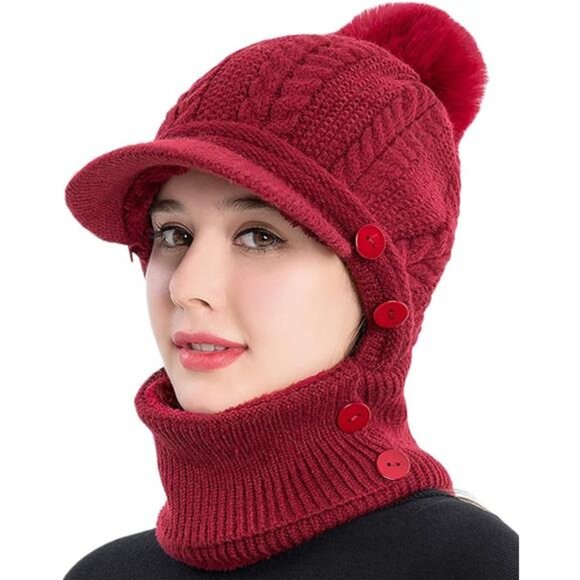 Women\'s One Piece Slouchy Fleece Beanie Hat Scarf Mask Warm Winter Knitted Hat